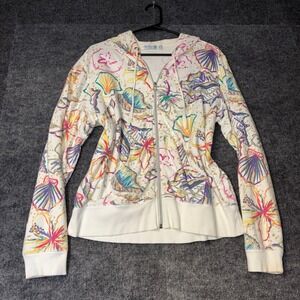 SunBay Missy Tropical Shell & Hibiscus Floral Full Zip Hoodie Cream Size XL